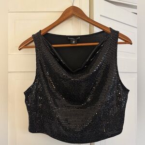 REDUCED! NWOT Black Sequin Sleeveless crop slouch collar Top